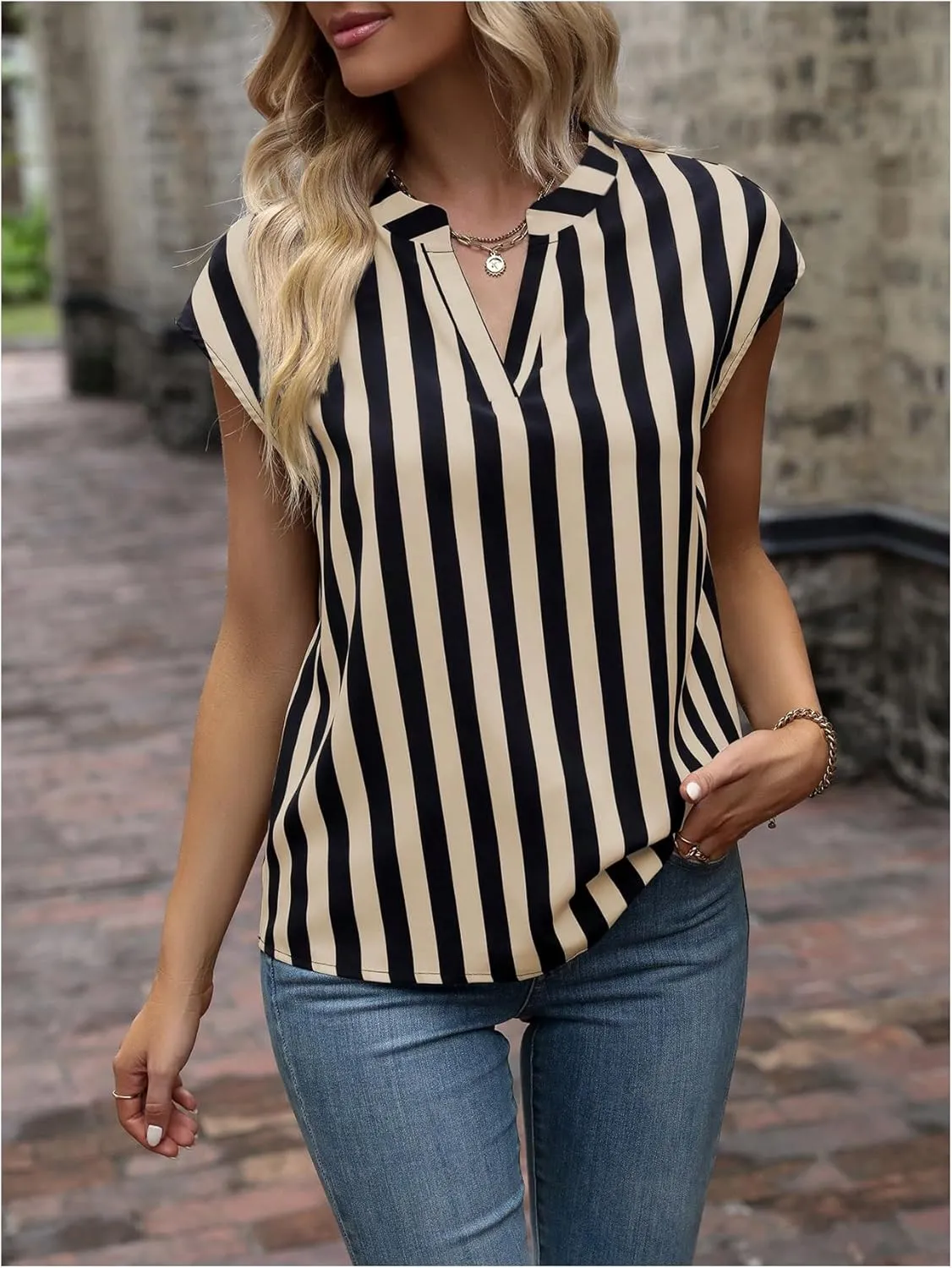 Verdusa Women's Striped Print Notched V Neck Blouse Cap Sleeve Tops