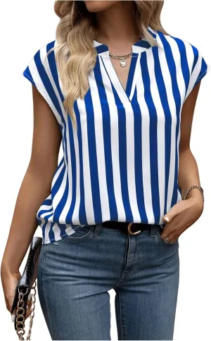 Verdusa Women's Striped Print Notched V Neck Blouse Cap Sleeve Tops