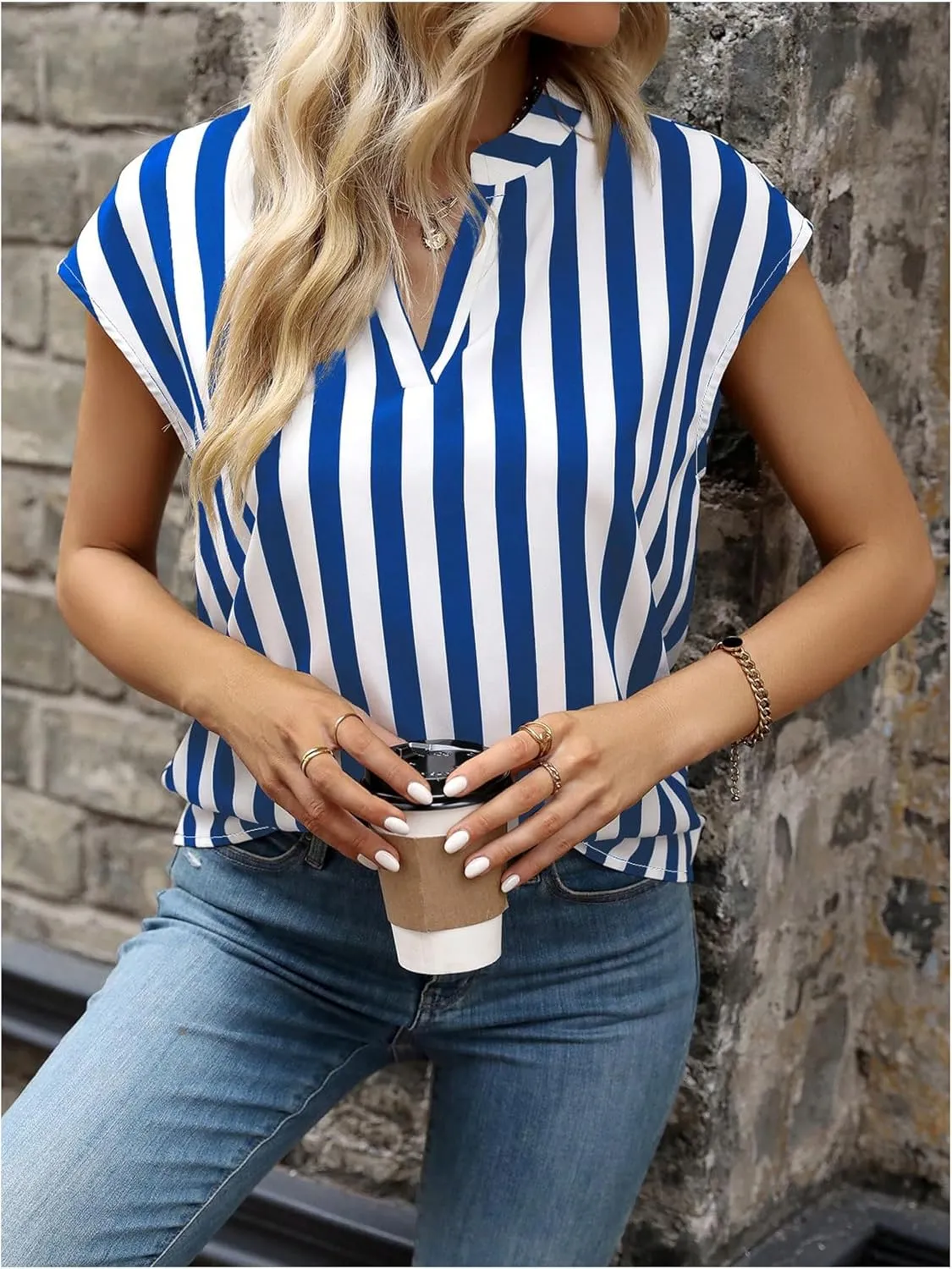 Verdusa Women's Striped Print Notched V Neck Blouse Cap Sleeve Tops