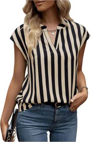 Verdusa Women's Striped Print Notched V Neck Blouse Cap Sleeve Tops