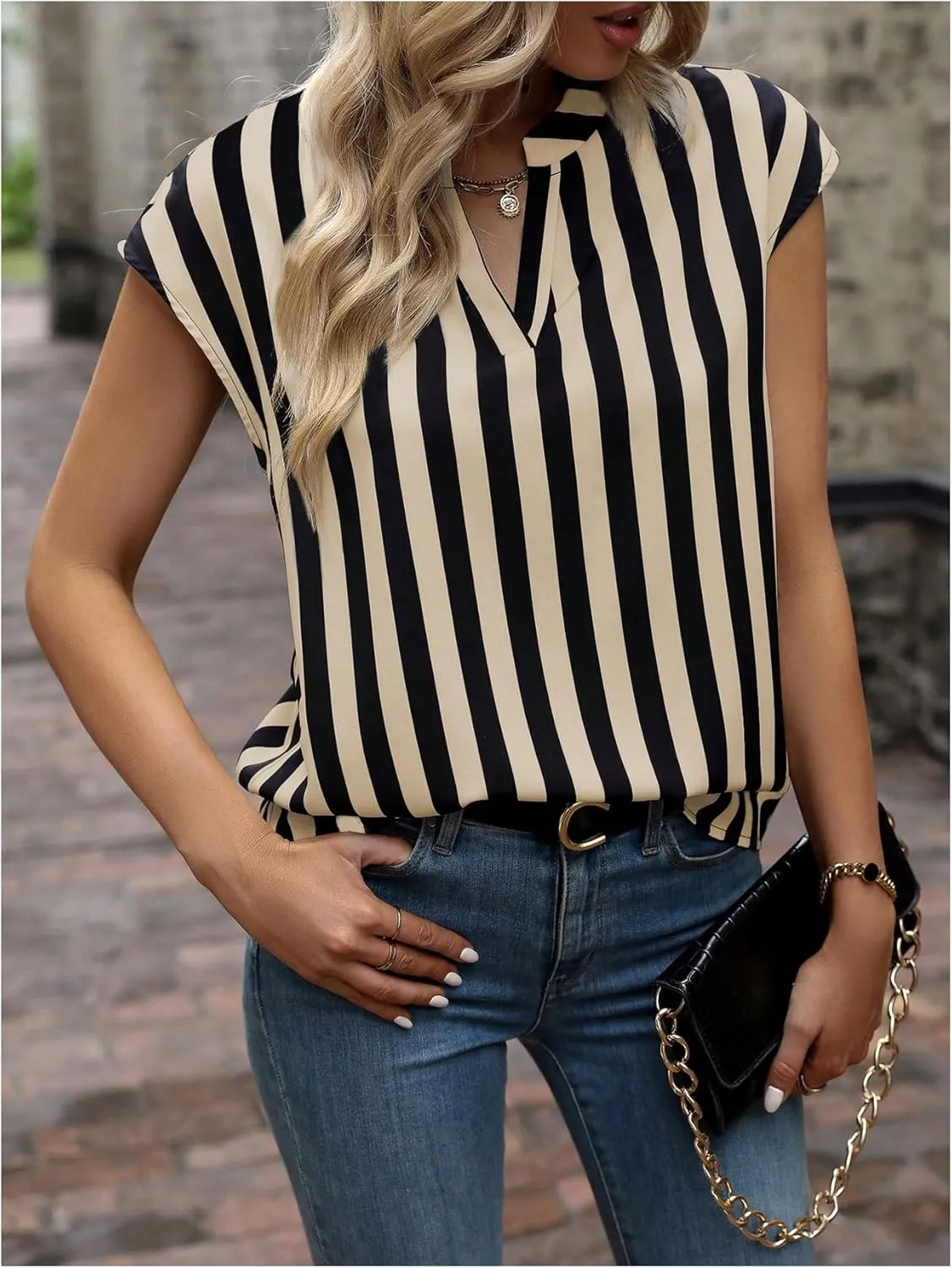 Verdusa Women's Striped Print Notched V Neck Blouse Cap Sleeve Tops