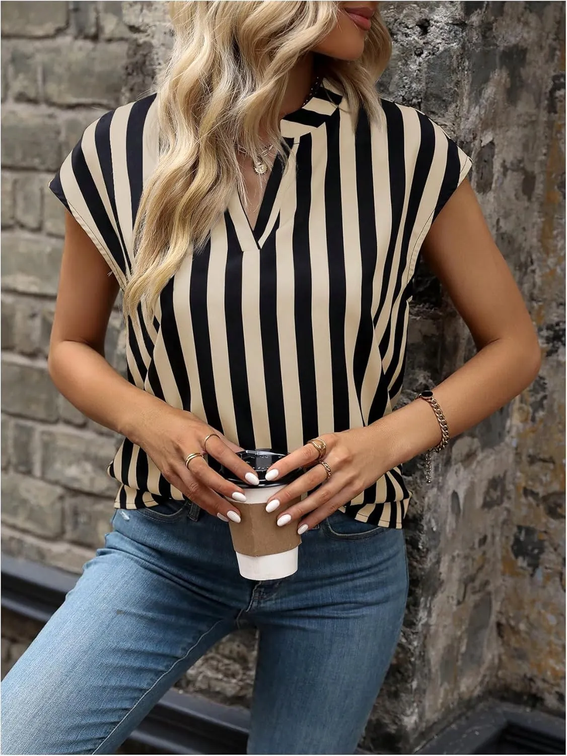 Verdusa Women's Striped Print Notched V Neck Blouse Cap Sleeve Tops