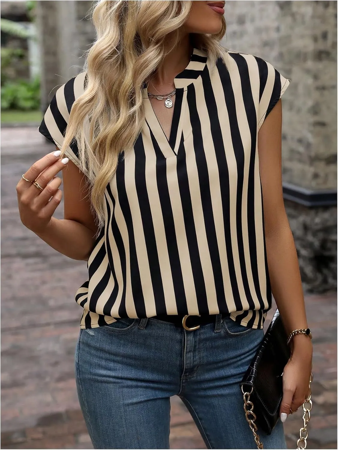Verdusa Women's Striped Print Notched V Neck Blouse Cap Sleeve Tops