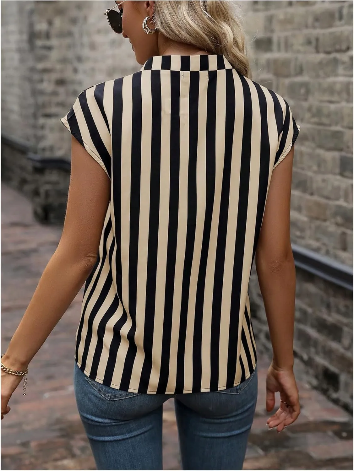 Verdusa Women's Striped Print Notched V Neck Blouse Cap Sleeve Tops