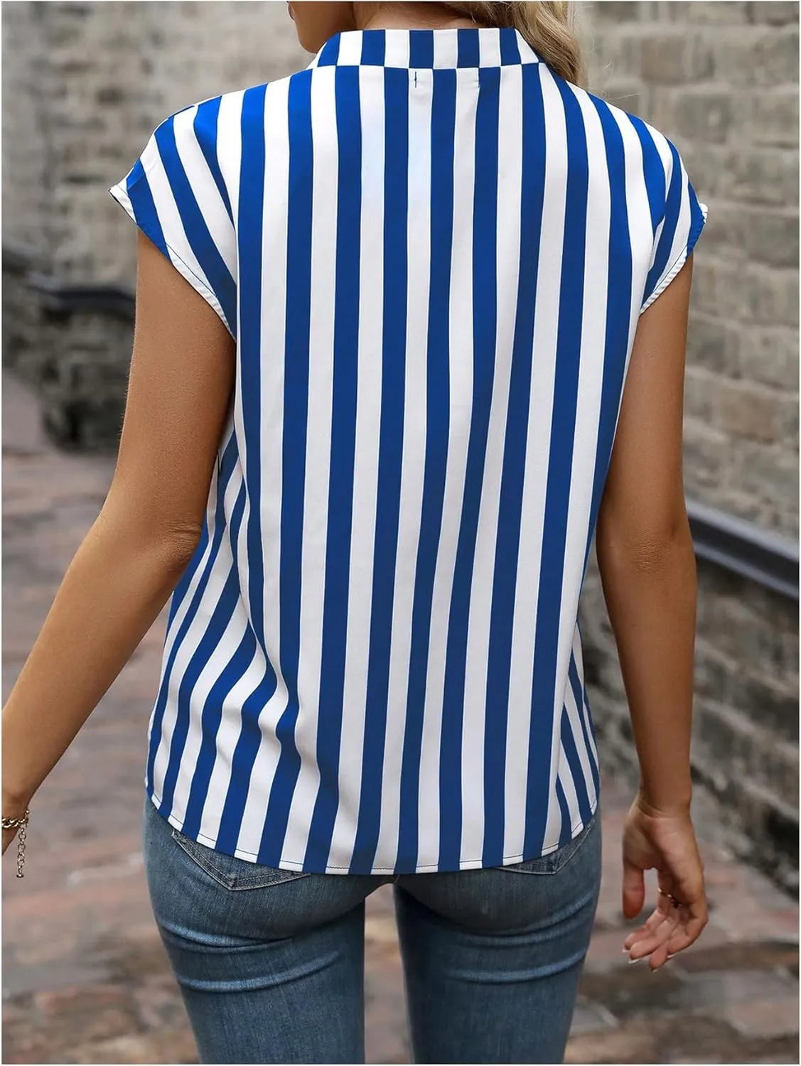 Verdusa Women's Striped Print Notched V Neck Blouse Cap Sleeve Tops