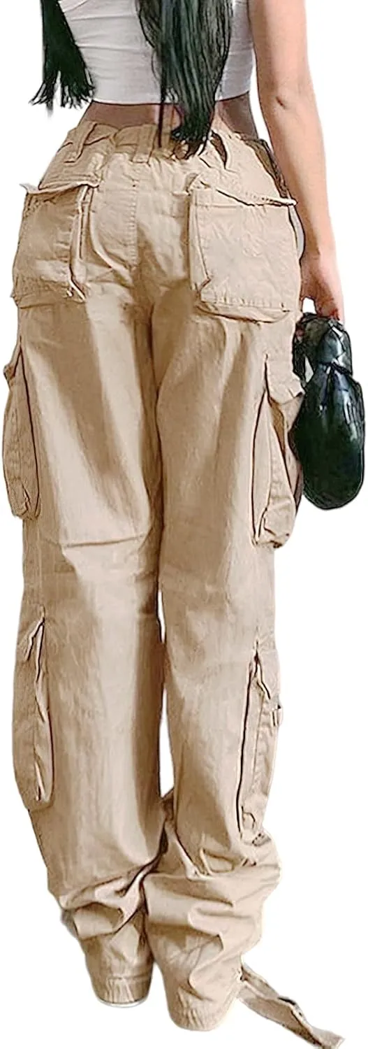 Viatabuna Women's High Rise Straight Leg Y2K Streetwear Cargo Pants Baggy Boyfriend Pants with Pocket
