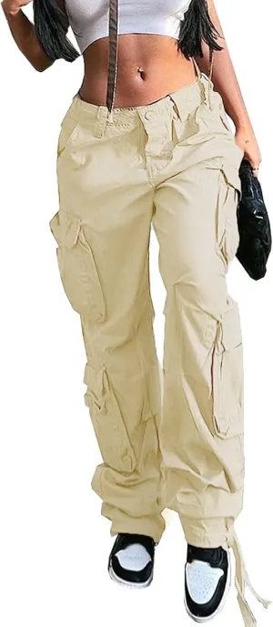Viatabuna Women's High Rise Straight Leg Y2K Streetwear Cargo Pants Baggy Boyfriend Pants with Pocket