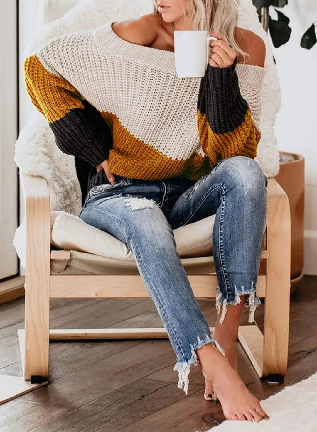 VIMPUNEC Womens Oversized Sweater Color Block Off The Shoulder Pullover Sweaters Cable Knit Chunky Striped Tops