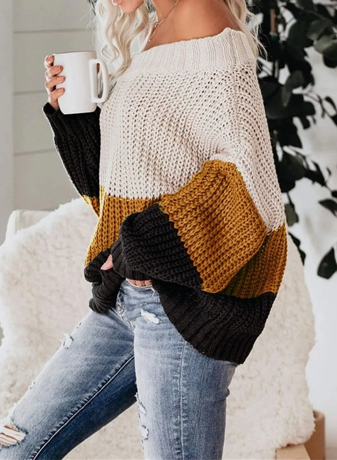 VIMPUNEC Womens Oversized Sweater Color Block Off The Shoulder Pullover Sweaters Cable Knit Chunky Striped Tops