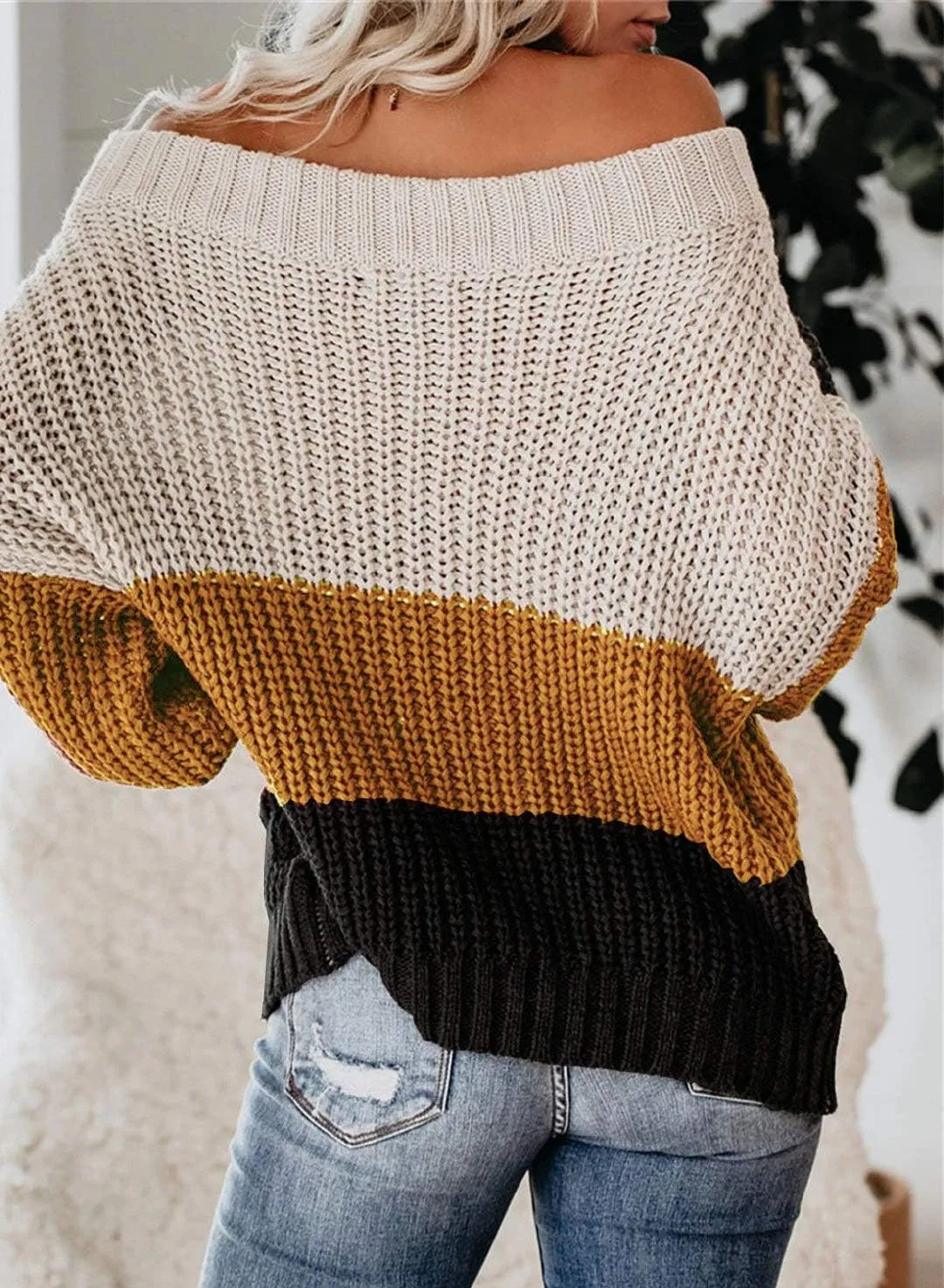 VIMPUNEC Womens Oversized Sweater Color Block Off The Shoulder Pullover Sweaters Cable Knit Chunky Striped Tops