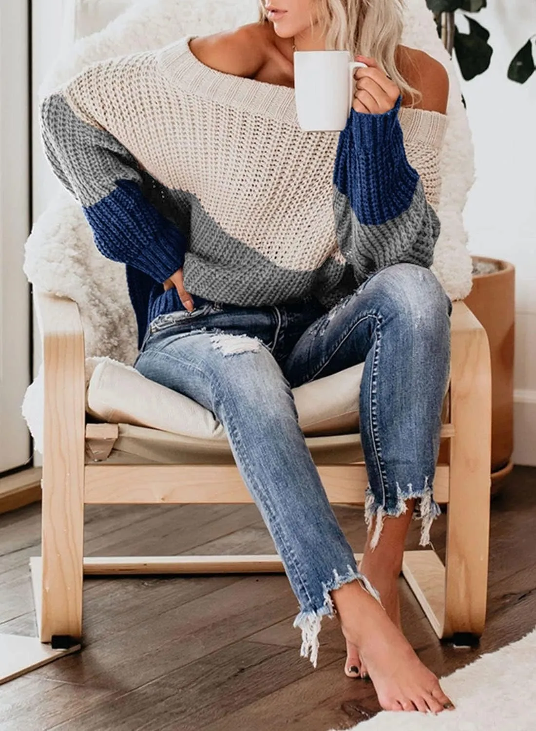 VIMPUNEC Womens Oversized Sweater Color Block Off The Shoulder Pullover Sweaters Cable Knit Chunky Striped Tops