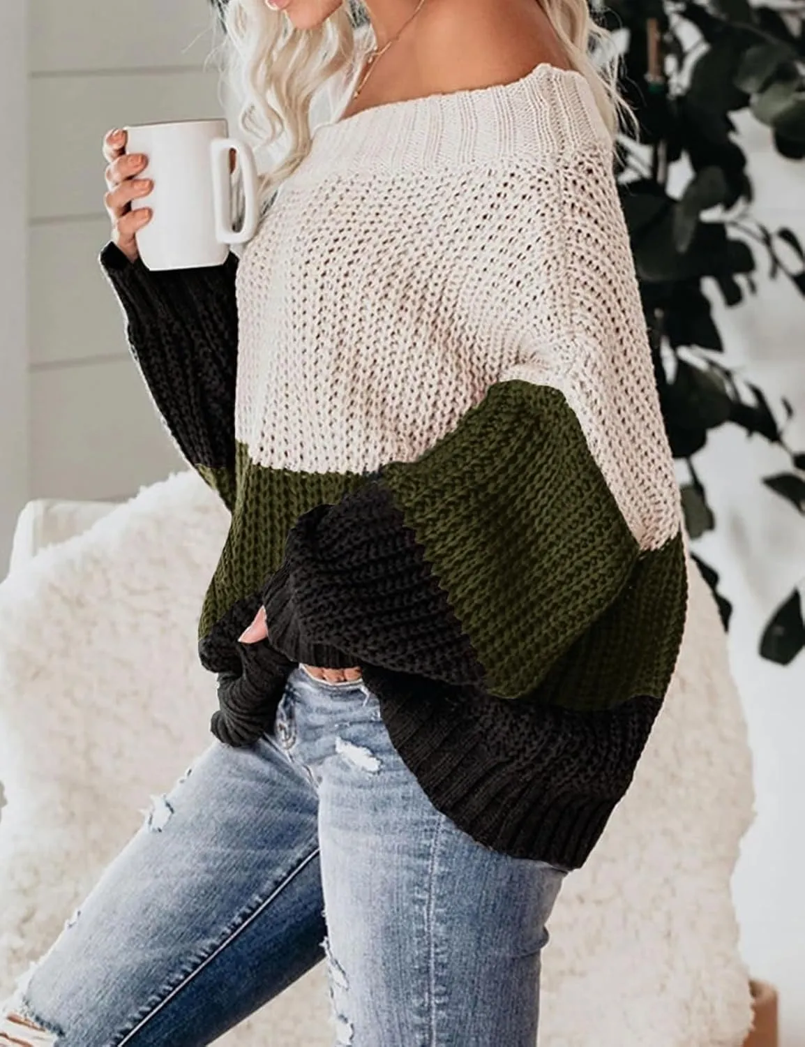 VIMPUNEC Womens Oversized Sweater Color Block Off The Shoulder Pullover Sweaters Cable Knit Chunky Striped Tops