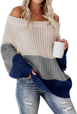 VIMPUNEC Womens Oversized Sweater Color Block Off The Shoulder Pullover Sweaters Cable Knit Chunky Striped Tops