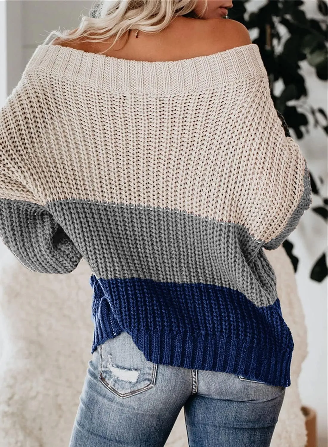 VIMPUNEC Womens Oversized Sweater Color Block Off The Shoulder Pullover Sweaters Cable Knit Chunky Striped Tops