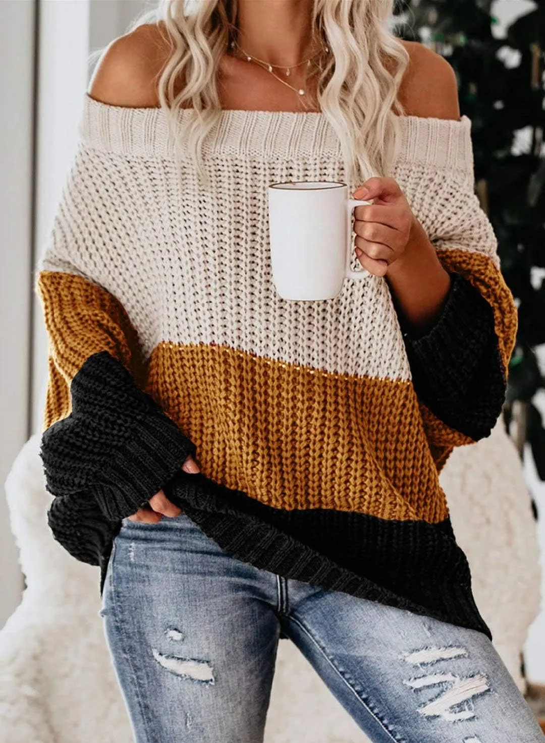 VIMPUNEC Womens Oversized Sweater Color Block Off The Shoulder Pullover Sweaters Cable Knit Chunky Striped Tops