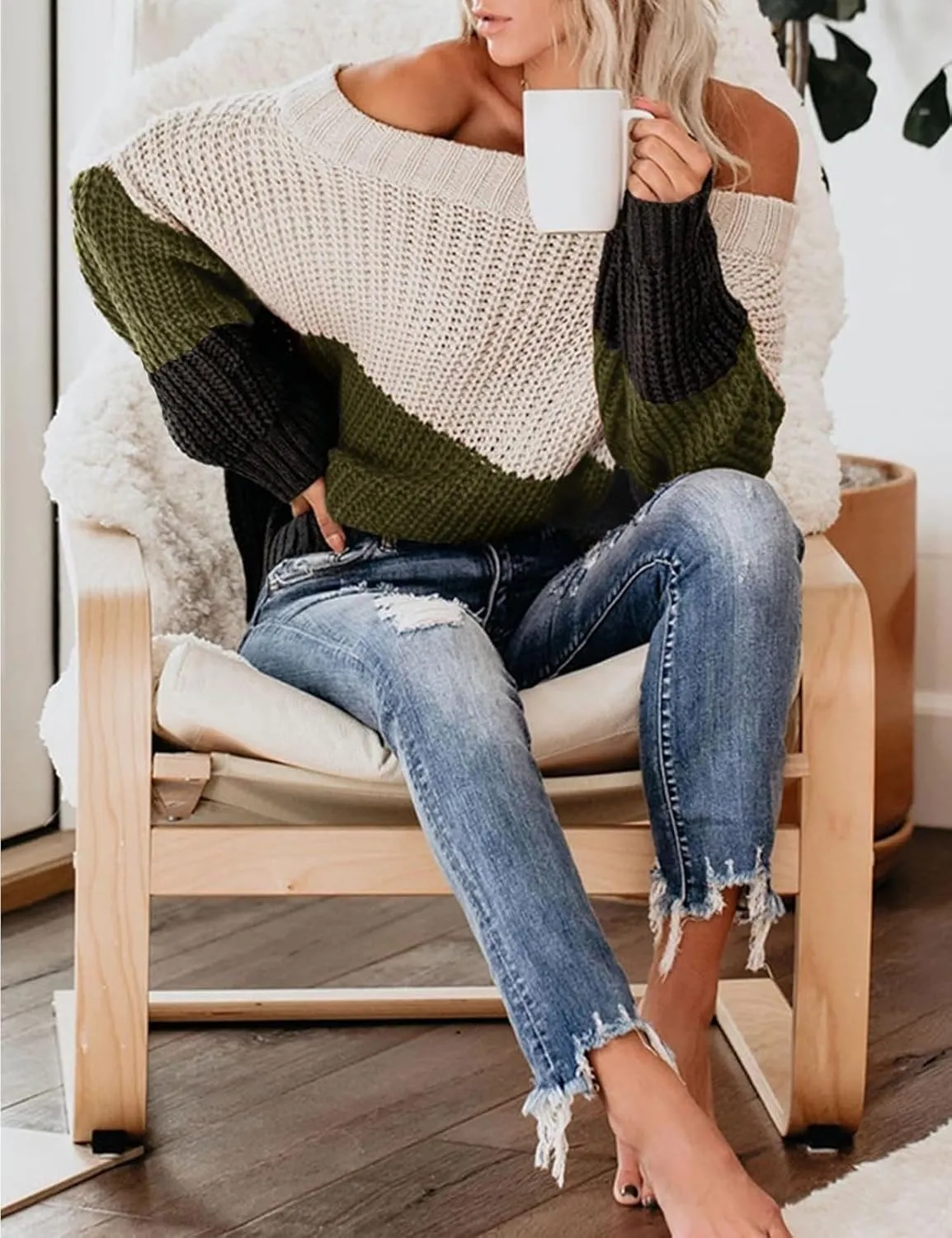 VIMPUNEC Womens Oversized Sweater Color Block Off The Shoulder Pullover Sweaters Cable Knit Chunky Striped Tops