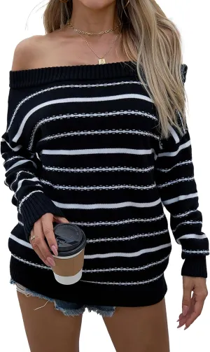 VIMPUNEC Womens Oversized Sweater Color Block Off The Shoulder Pullover Sweaters Cable Knit Chunky Striped Tops