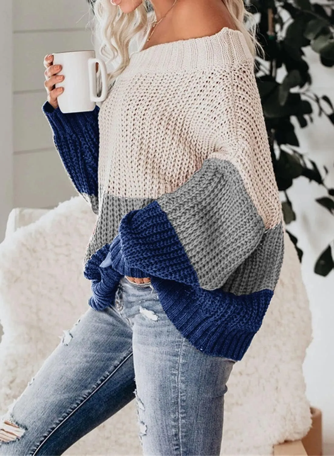 VIMPUNEC Womens Oversized Sweater Color Block Off The Shoulder Pullover Sweaters Cable Knit Chunky Striped Tops