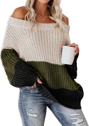 VIMPUNEC Womens Oversized Sweater Color Block Off The Shoulder Pullover Sweaters Cable Knit Chunky Striped Tops