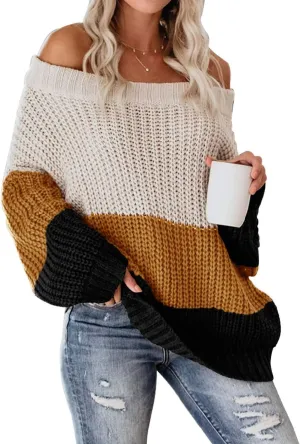 VIMPUNEC Womens Oversized Sweater Color Block Off The Shoulder Pullover Sweaters Cable Knit Chunky Striped Tops
