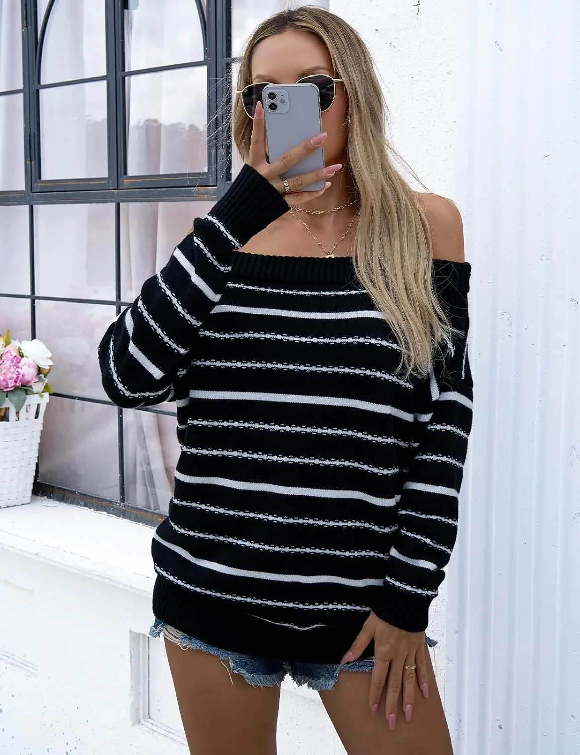 VIMPUNEC Womens Oversized Sweater Color Block Off The Shoulder Pullover Sweaters Cable Knit Chunky Striped Tops