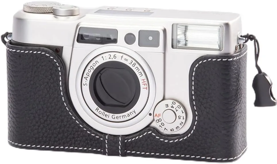 Vintage Genuine Leather Camera Case Handcrafted Half-Wrap Camera Case for Rollei AFM35 (Black)