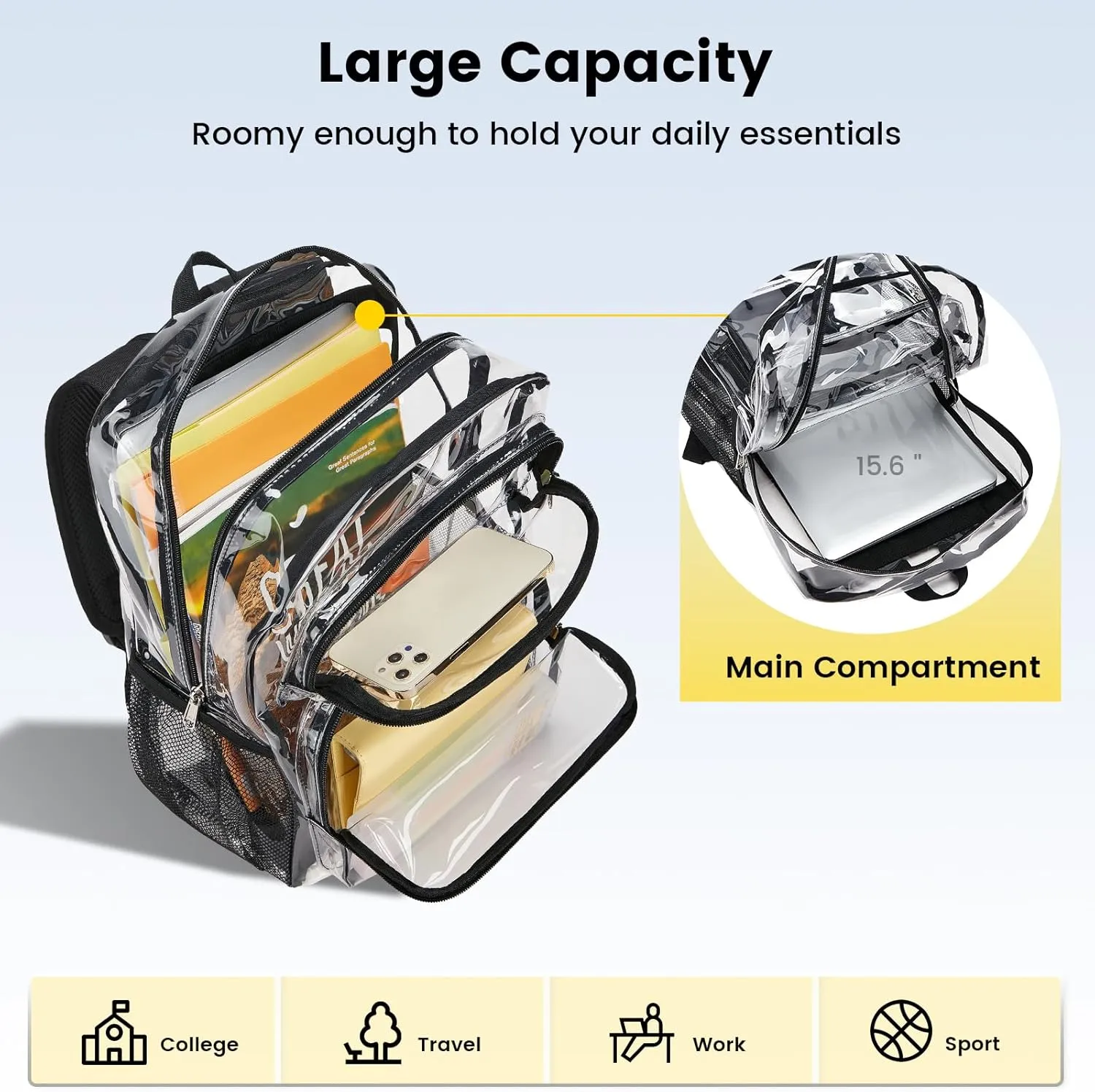 Vorspack Clear Backpack Heavy Duty - Large Clear Bookbag Transparent Backpacks See Through Backpack for College Work Travel Festival - Black