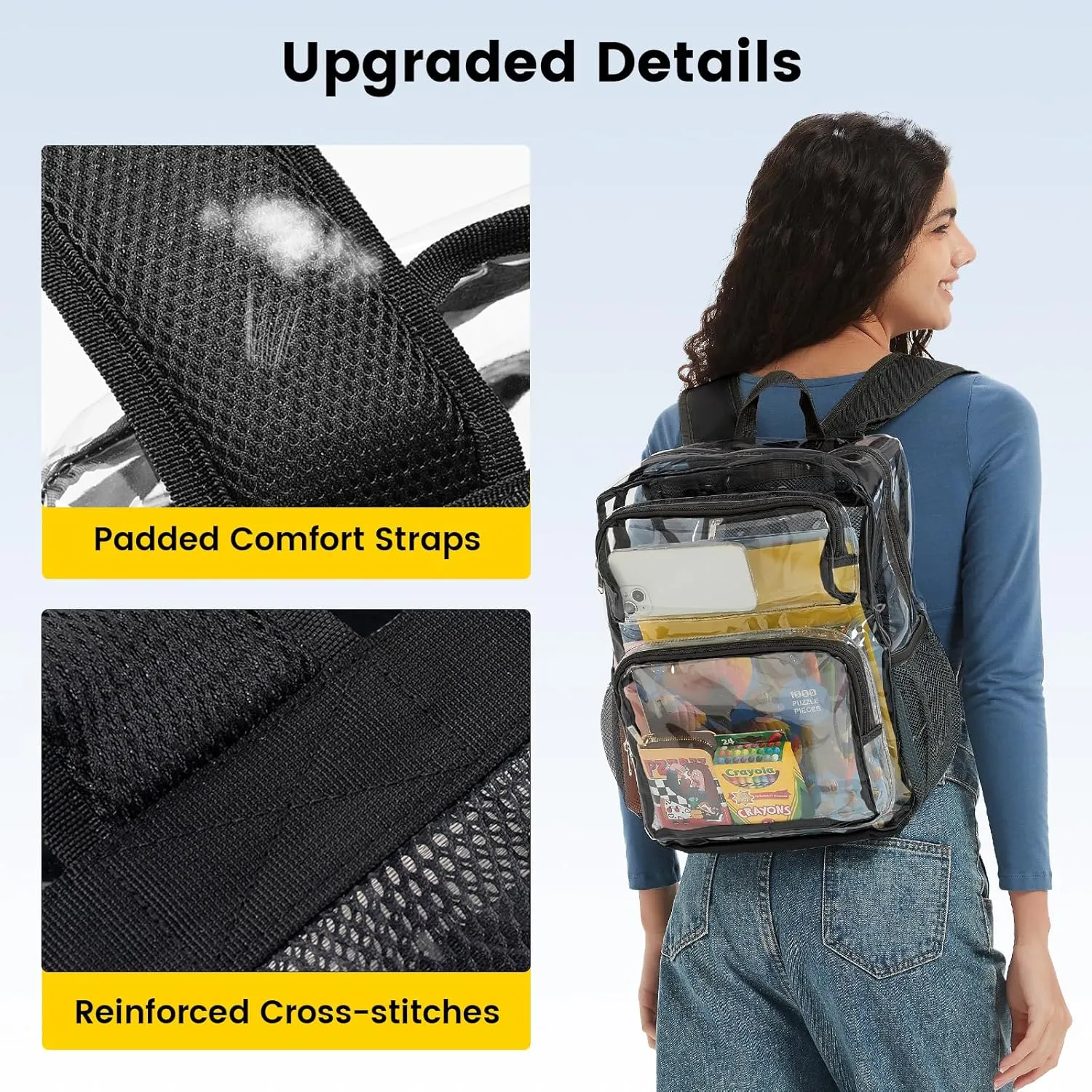 Vorspack Clear Backpack Heavy Duty - Large Clear Bookbag Transparent Backpacks See Through Backpack for College Work Travel Festival - Black