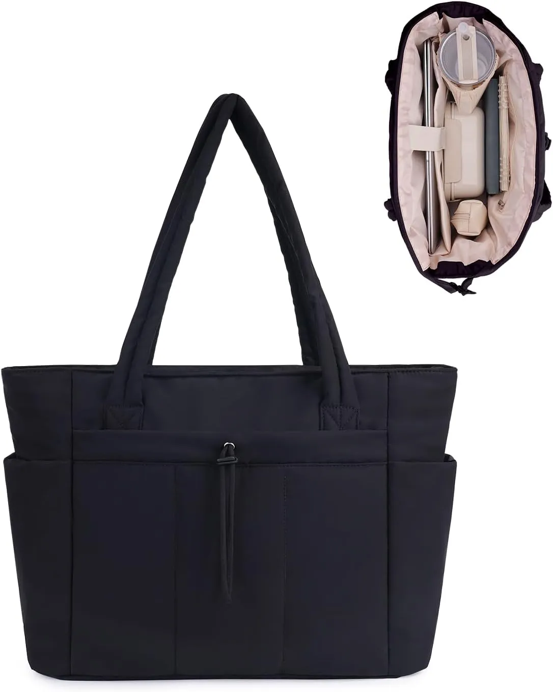 Wandering Nature Tote Bag for Women with Water Bottle Pocket Fit for Stanley Cup, Puffer Carry On Tote with Laptop Compartment and Trolley Sleeve for Work, Nurse, College, Travel