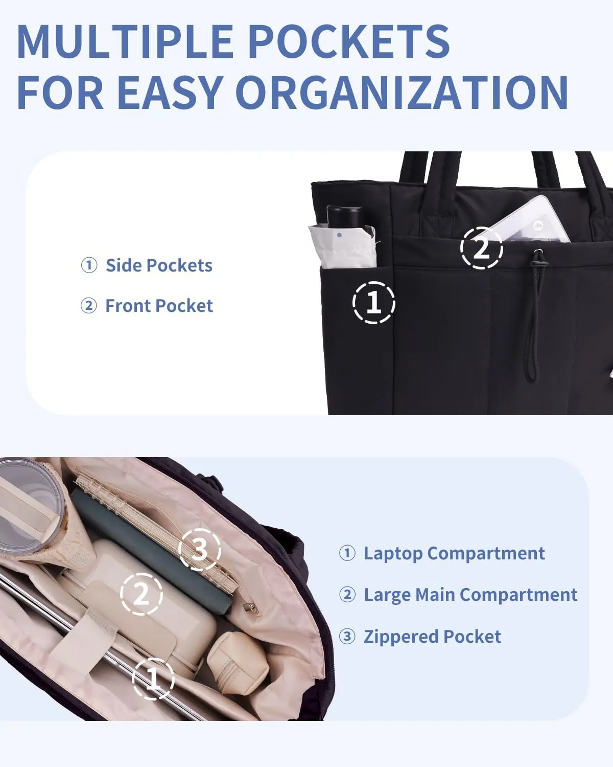 Wandering Nature Tote Bag for Women with Water Bottle Pocket Fit for Stanley Cup, Puffer Carry On Tote with Laptop Compartment and Trolley Sleeve for Work, Nurse, College, Travel