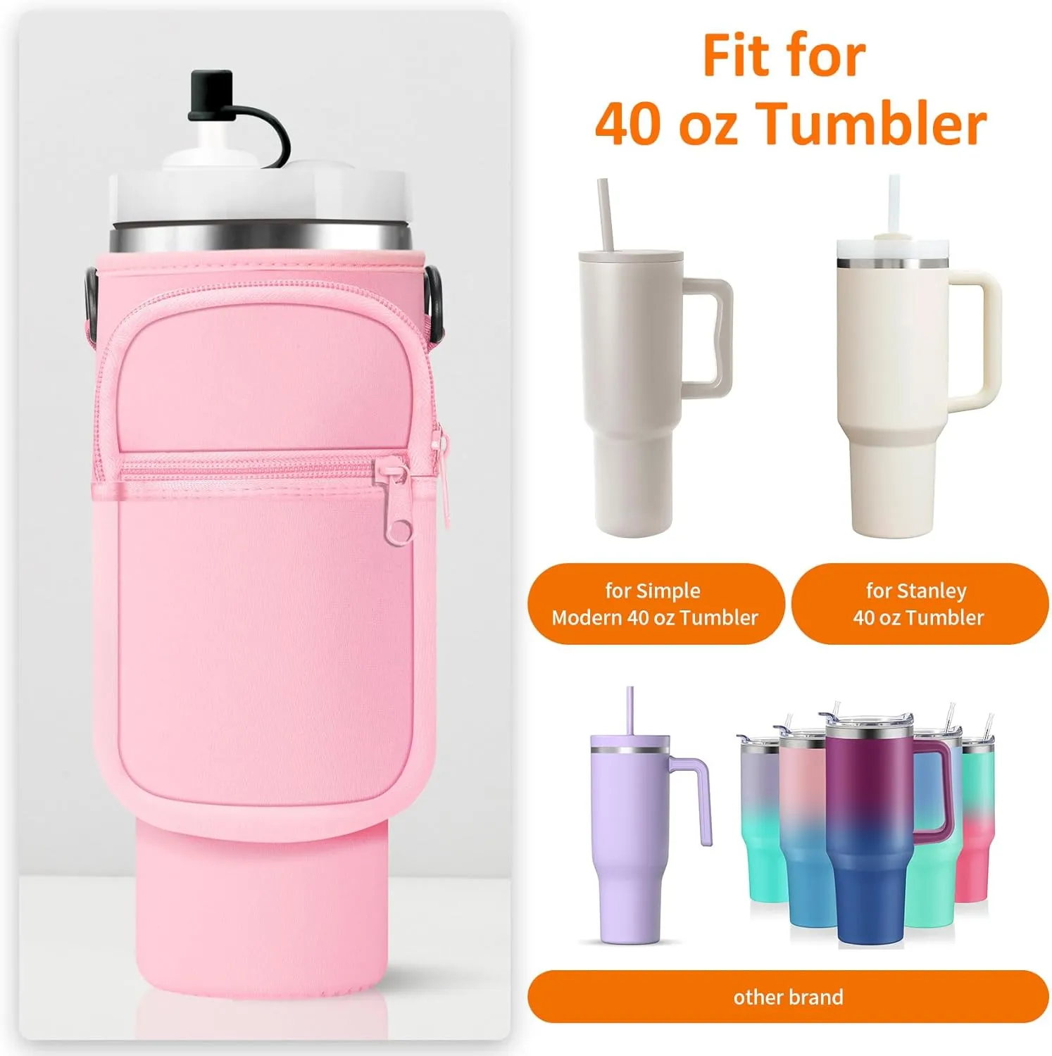 Water Bottle Carrier Bag with Paracord Handle for Stanley 40/30 oz Tumbler Neoprene Insulated Mug Sleeve Pouch with 2 Pockets & Adjustable Strap & Straw Cover for Stanley Cup Accessories