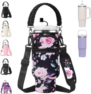 Water Bottle Carrier Bag with Paracord Handle for Stanley 40/30 oz Tumbler Neoprene Insulated Mug Sleeve Pouch with 2 Pockets & Adjustable Strap & Straw Cover for Stanley Cup Accessories