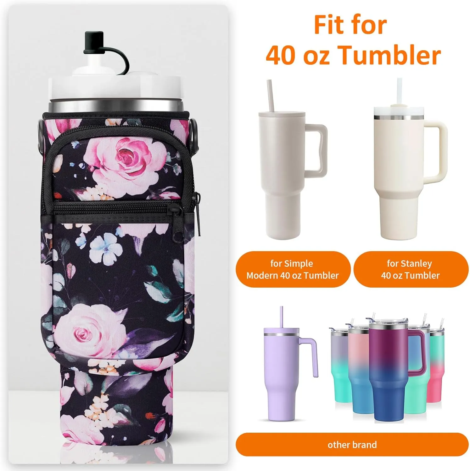 Water Bottle Carrier Bag with Paracord Handle for Stanley 40/30 oz Tumbler Neoprene Insulated Mug Sleeve Pouch with 2 Pockets & Adjustable Strap & Straw Cover for Stanley Cup Accessories