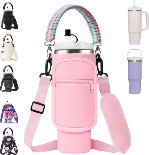 Water Bottle Carrier Bag with Paracord Handle for Stanley 40/30 oz Tumbler Neoprene Insulated Mug Sleeve Pouch with 2 Pockets & Adjustable Strap & Straw Cover for Stanley Cup Accessories