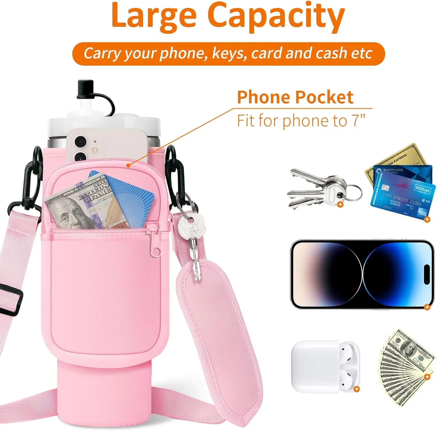 Water Bottle Carrier Bag with Paracord Handle for Stanley 40/30 oz Tumbler Neoprene Insulated Mug Sleeve Pouch with 2 Pockets & Adjustable Strap & Straw Cover for Stanley Cup Accessories