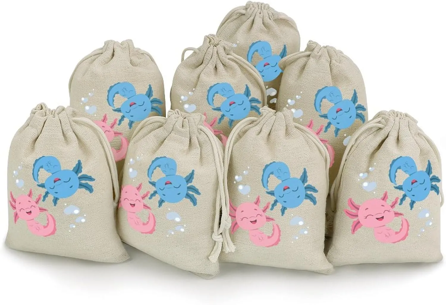 Water Fire Axolotl Cute Tag Drawstring Gift Bags 8 Sets Pockets DIY Jewelry Storage Pouches Wedding Party