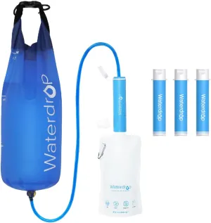 Waterdrop Water Filter Straw 4 Pack with Gravity Water Bag, Gravity Water Filtration System, Water Purifier Survival for Travel, Backpacking, 1.5 gal Bag, 0.1 Micron, 5 Stage Filtration