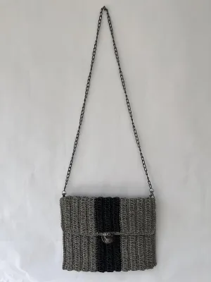 WATERWAY. Handmade clutch/shoulder bag, crochet from natural vegan-friendly raffia yarn, unlined, lovely gift for yourself, friend, mother or grandmother, 10.5 x 9 x 1 in, grey and black