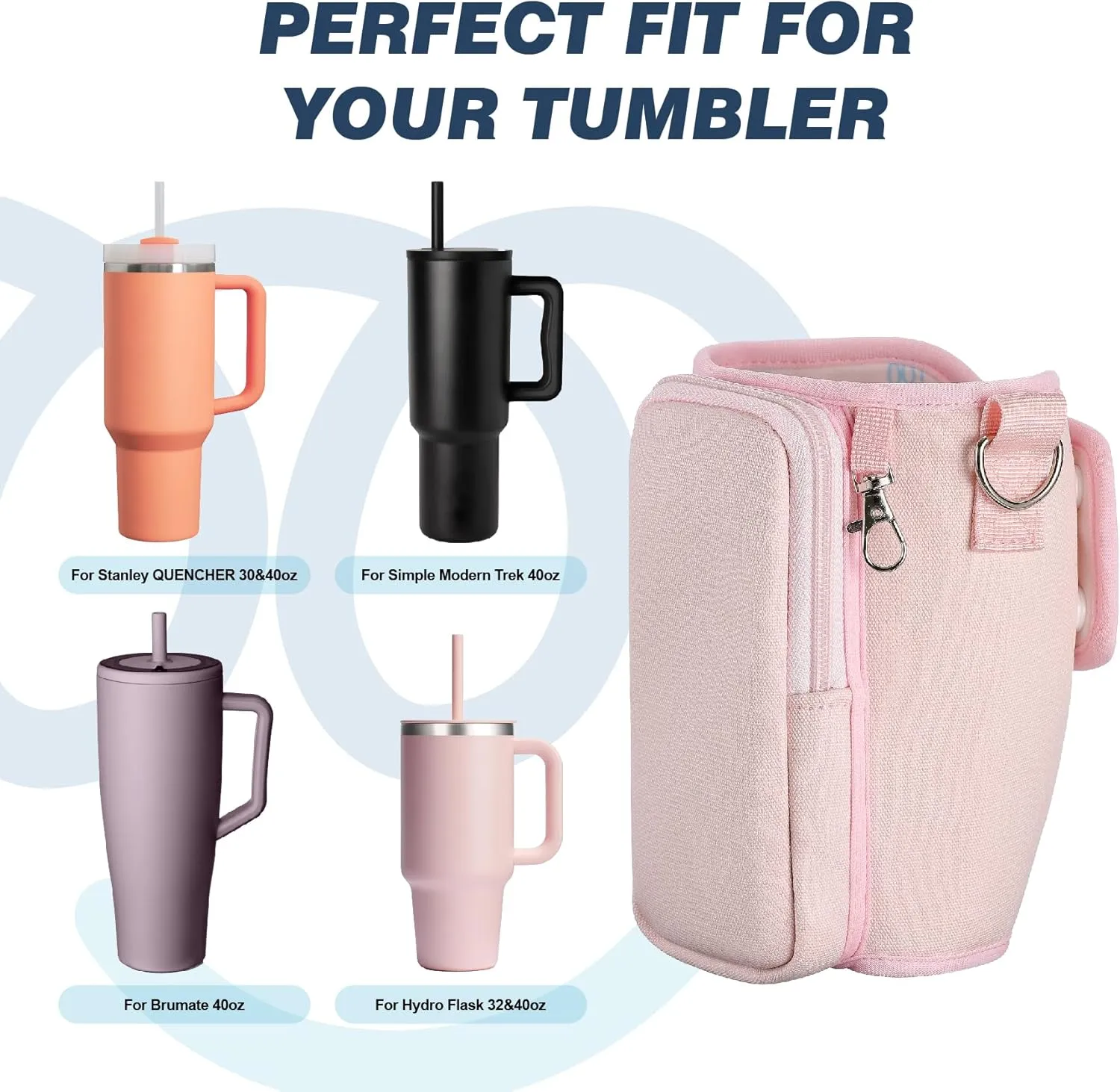 Watter Bottle Carrier Bag for Stanley Cup with Phone Pocket, fit for Stanley 40 oz Tumbler & Simple Modern 40oz Water Bottle, Odor-Free Holder Pouch with Adjustable Strap (Rose Quartz)