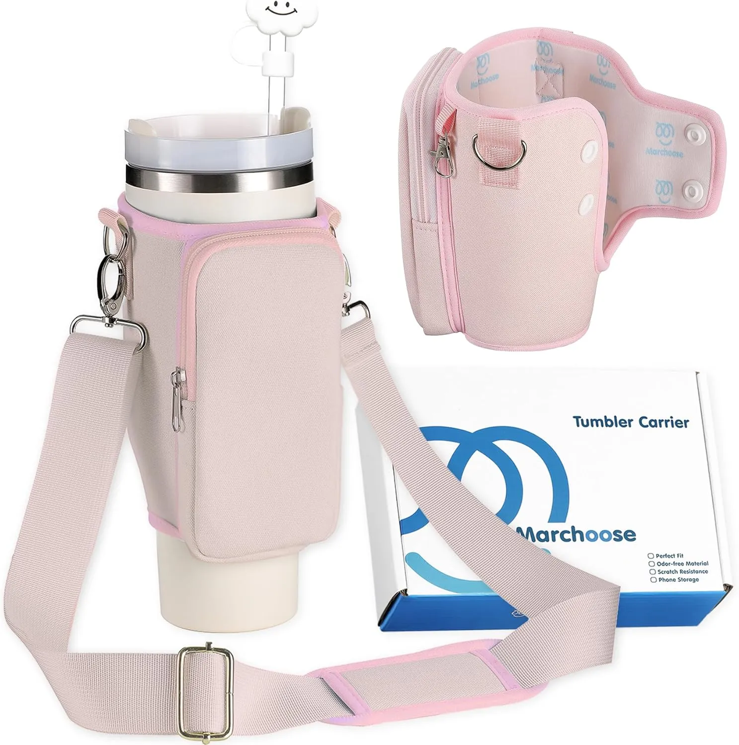 Watter Bottle Carrier Bag for Stanley Cup with Phone Pocket, fit for Stanley 40 oz Tumbler & Simple Modern 40oz Water Bottle, Odor-Free Holder Pouch with Adjustable Strap (Rose Quartz)