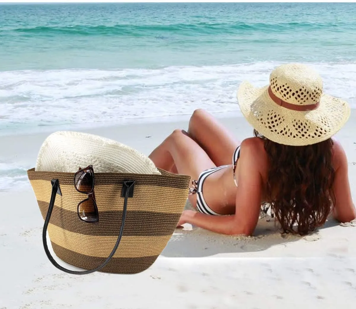 We We Large Canvas Straw Beach Pool Bag Waterproof Beach Tote Bags for Women Travel Shoulder Handbag