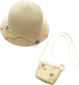 WeeH Girls Summer Hat Bag Set Wide Brim Hat Sun Beach Hats with Shoulder Bag