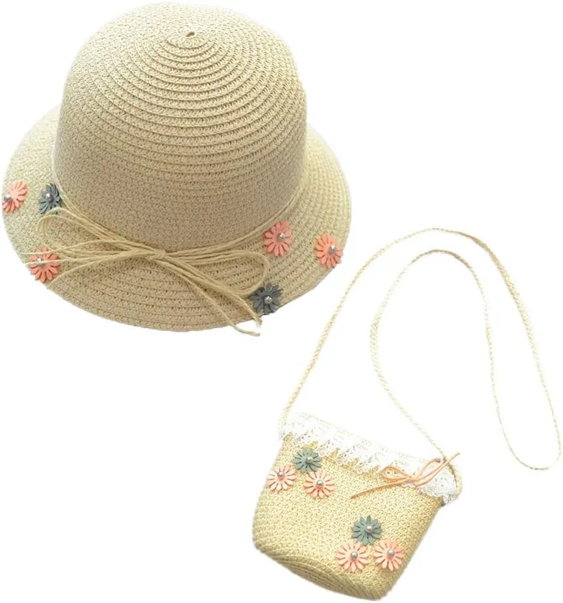 WeeH Girls Summer Hat Bag Set Wide Brim Hat Sun Beach Hats with Shoulder Bag