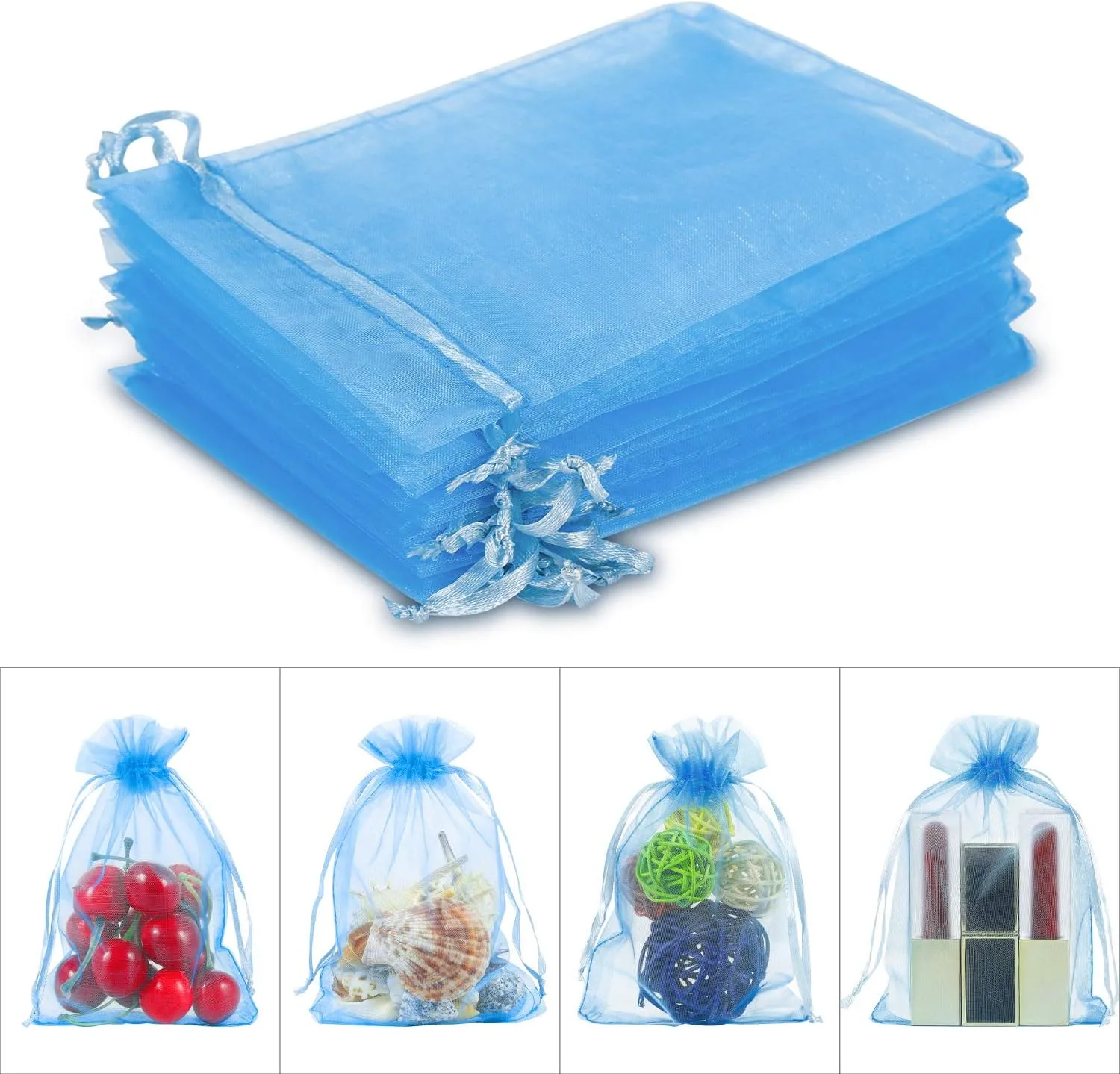WenTao 100Pcs Premium Sheer Drawstring Organza Bags, 4 x 6 Inch (10x15cm) Pouches Candy Jewelry Party Wedding Favor Gift Bags Blue
