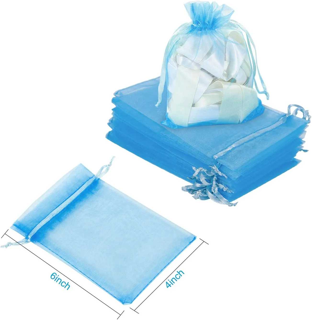 WenTao 100Pcs Premium Sheer Drawstring Organza Bags, 4 x 6 Inch (10x15cm) Pouches Candy Jewelry Party Wedding Favor Gift Bags Blue