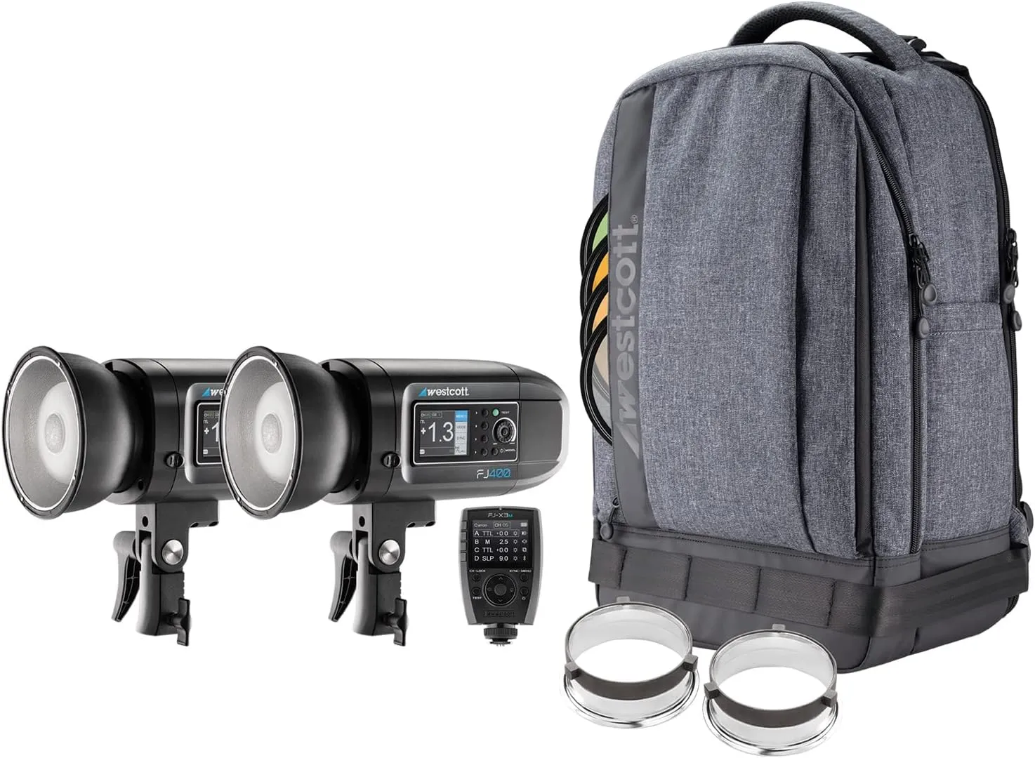 Westcott FJ400 Strobe 2-Light Backpack Kit with FJ-X3 M Universal Wireless Trigger Compatible with Most Camera Brands - 400Ws TTL HSS AC/DC Powered 480  Full Power Flashes (US/CA Plug)