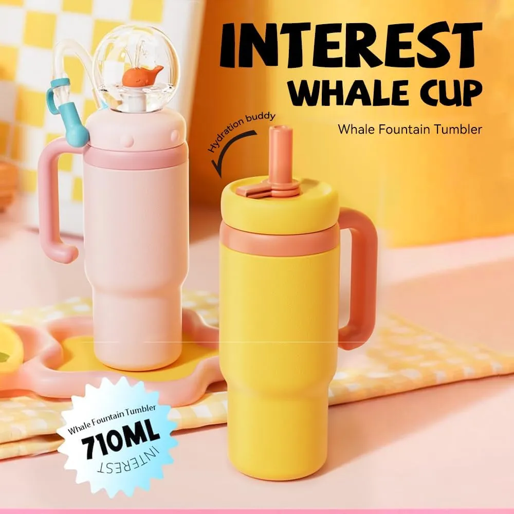 Whale Fountain Tumbler Adults, 24oz Stainless Steel Whale Fountain Tumbler with Handle, Whale Water Fountain Tumblers,Spill-Proof Lids,Silicone Straw,Dishwasher Safe,Portable Water Bottle (Plum*1)