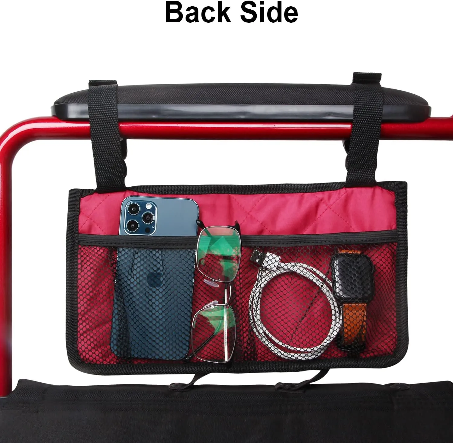 Wheelchair Side Bag, Armrest Storage Pouch with Cup Holder and Reflective Strip for Wheelchairs, Walkers or Rollators (Red)