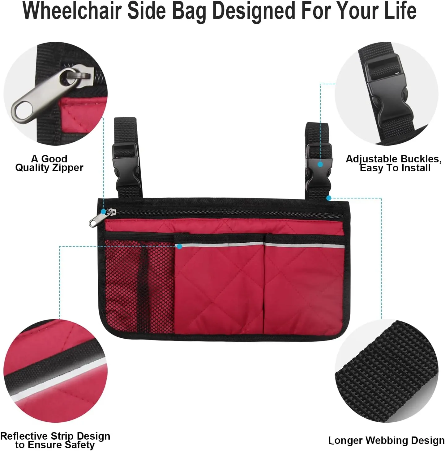 Wheelchair Side Bag, Armrest Storage Pouch with Cup Holder and Reflective Strip for Wheelchairs, Walkers or Rollators (Red)