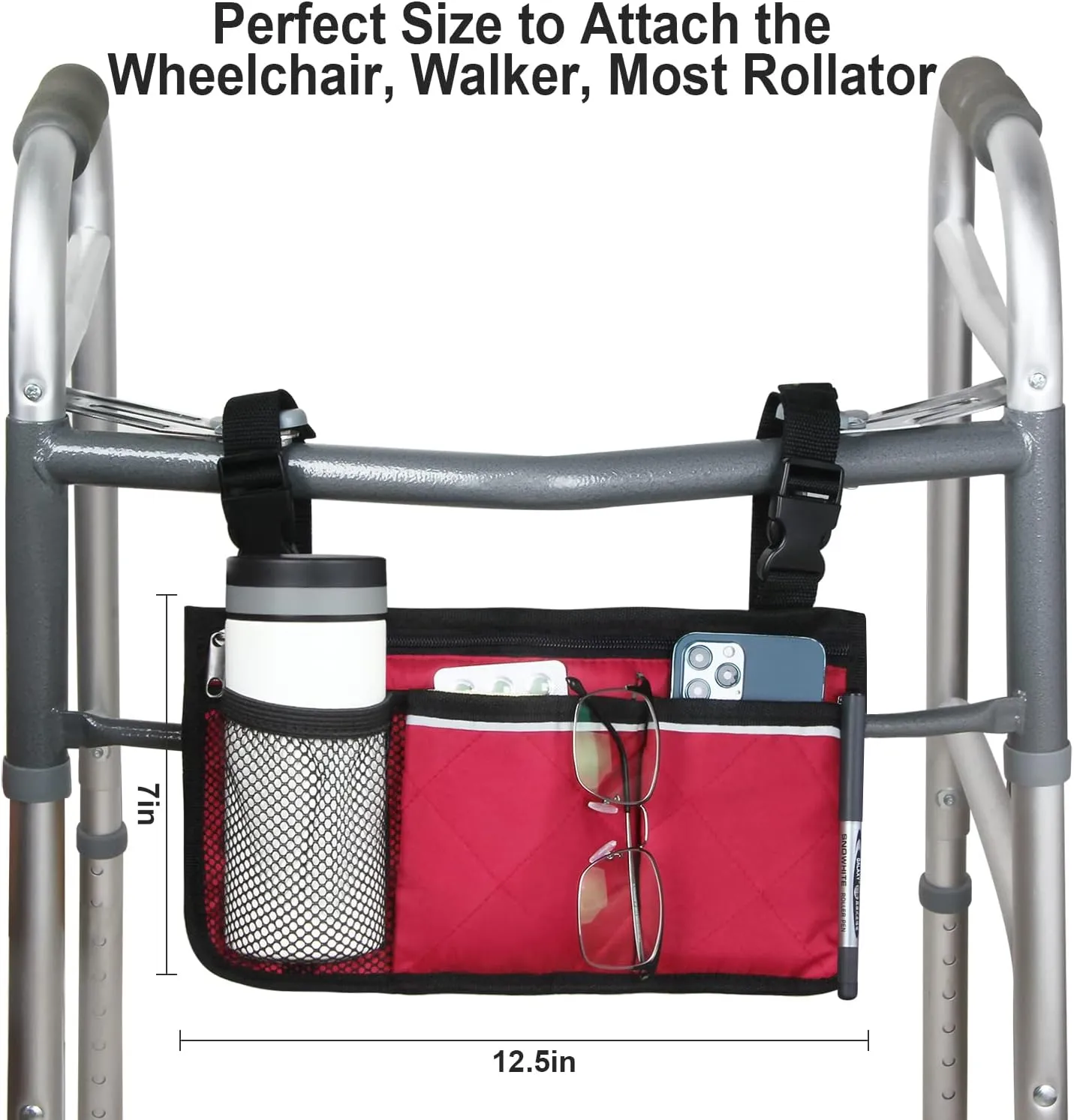 Wheelchair Side Bag, Armrest Storage Pouch with Cup Holder and Reflective Strip for Wheelchairs, Walkers or Rollators (Red)